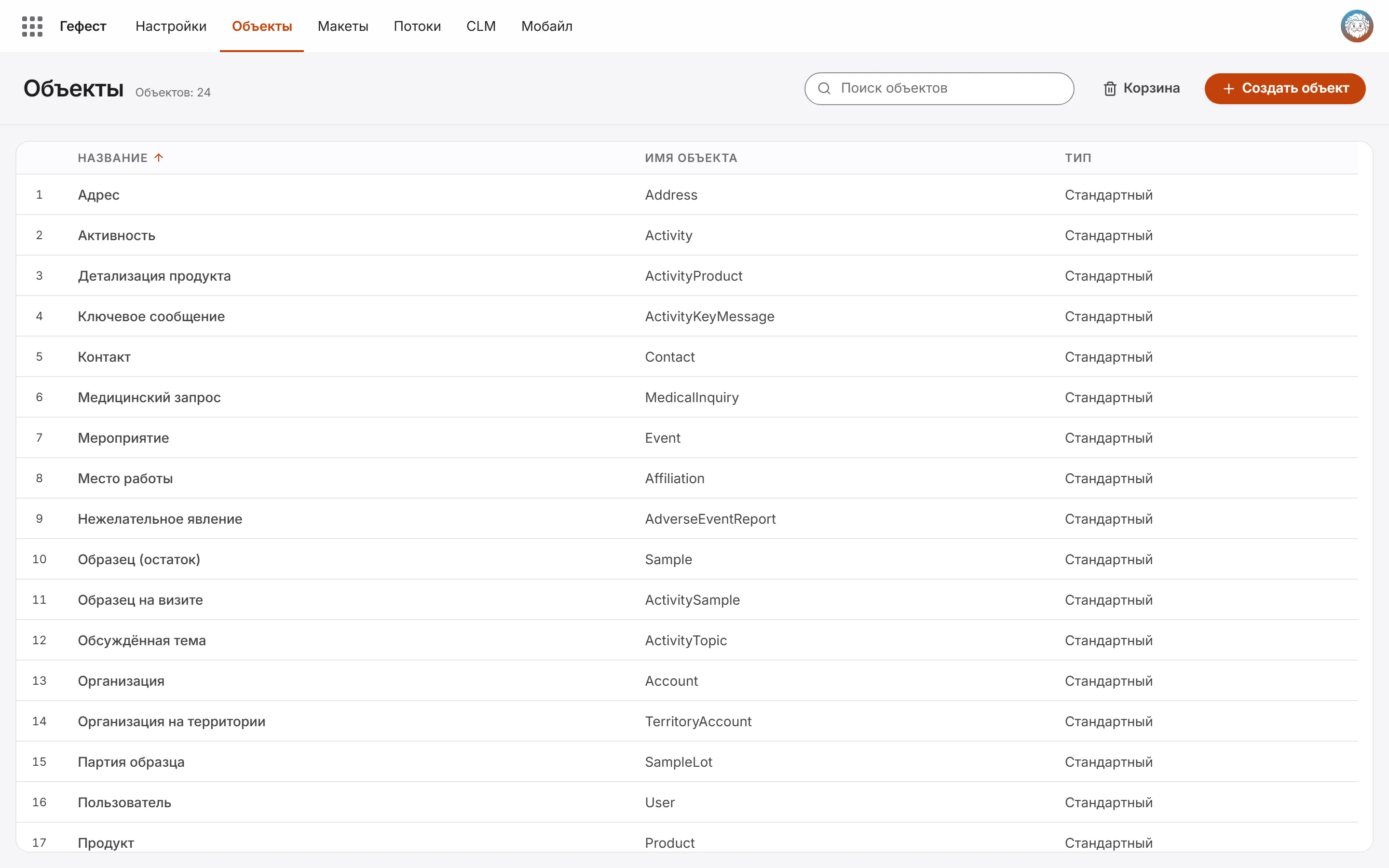 Гефест: список объектов, как Object Manager в Salesforce